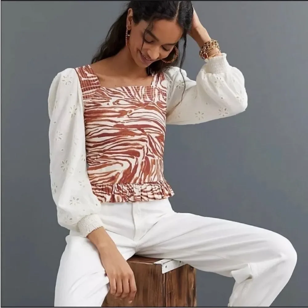 Revolve Anthropologie Love The Label Smocked Puff-Sleeve Brown Zebra Blouse